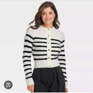Universal Thread Cable Stitch Cardigan Navy White Striped